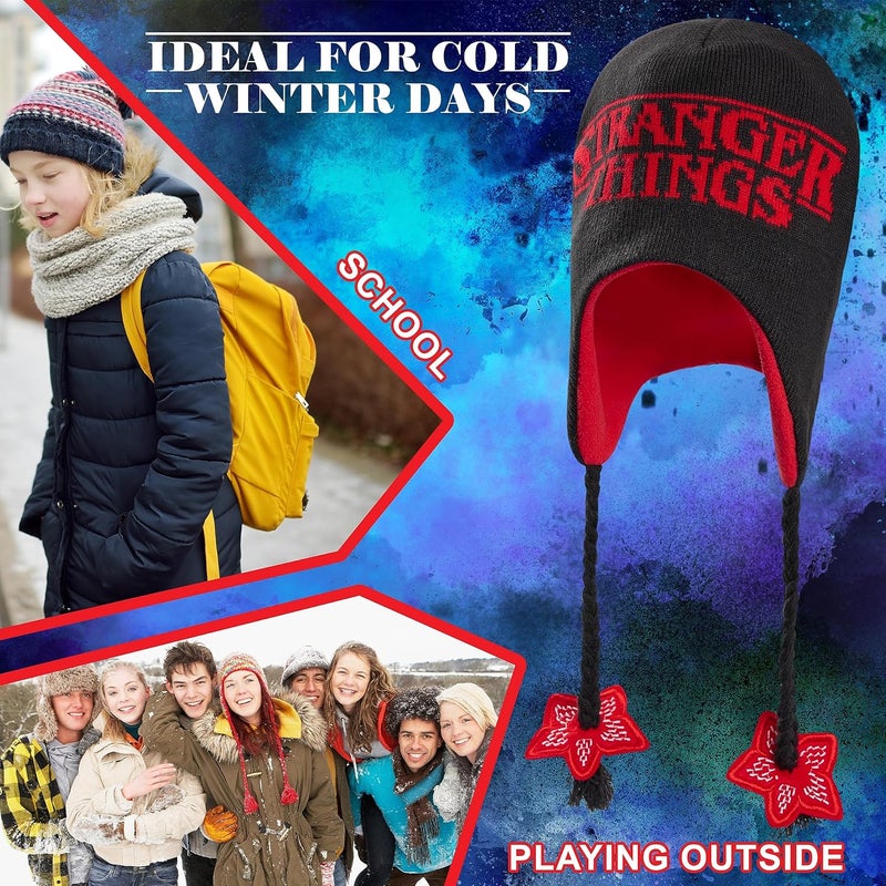 Stranger Things Beanie Hat with Ear Flaps for Kids and Teenagers - One Size Children's Winter Hats - Gifts for Kids Black/Red - Image 5